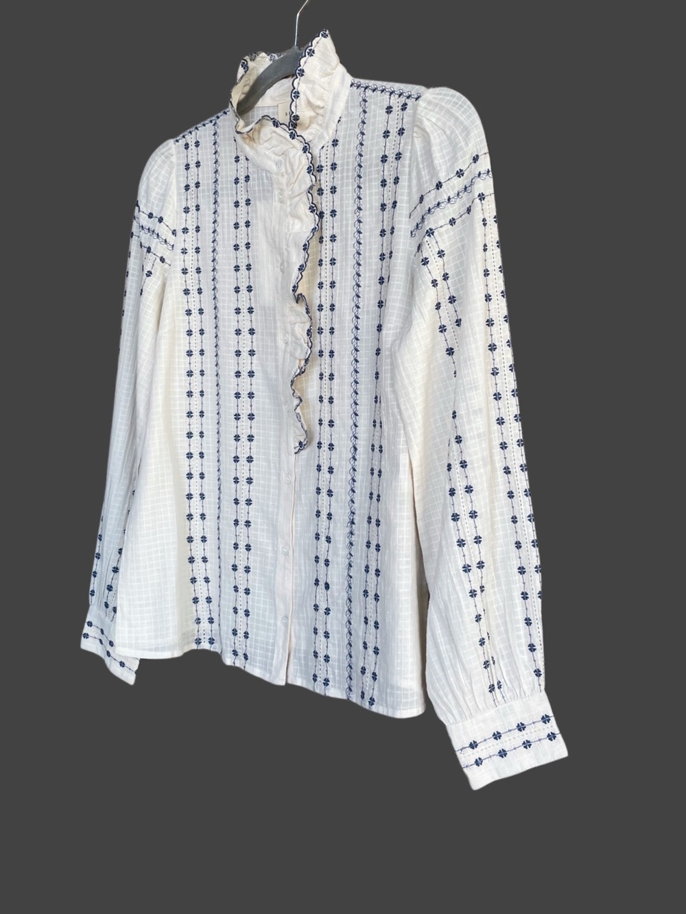 SEZANE NWT White Blue Cream Floral Embroidered Ruffle Button Down Chlo Shirt Top - Picture 15 of 17